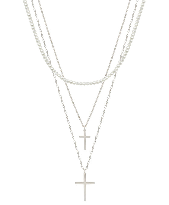 Double Cross Pendant Pearl Layered Short Necklace
