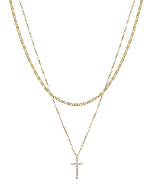 Flat Chain & Pave Cross Layered Short Necklace