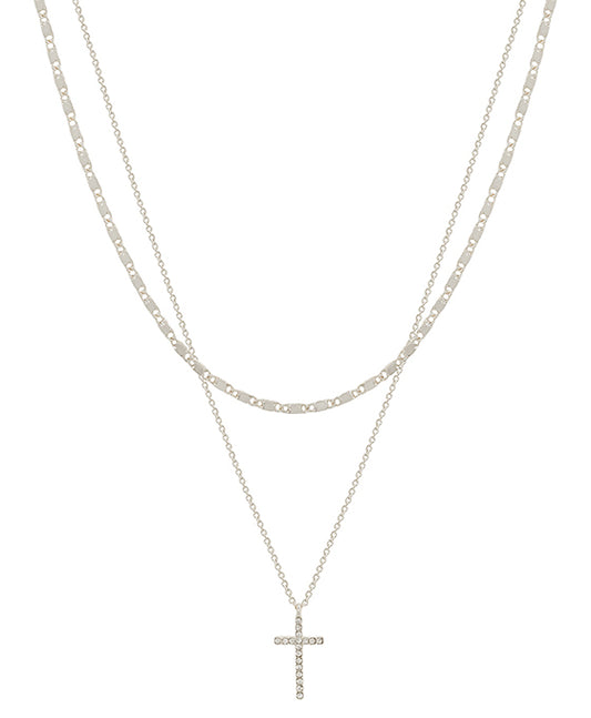 Flat Chain & Pave Cross Layered Short Necklace