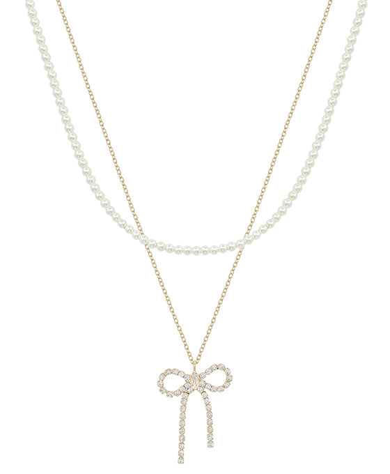 Crystal Ribbon & Pearl Layered Short Necklace