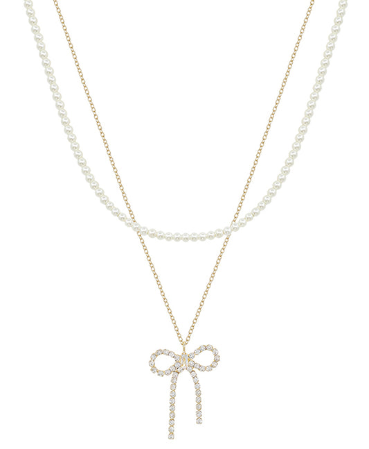 Crystal Ribbon & Pearl Layered Short Necklace