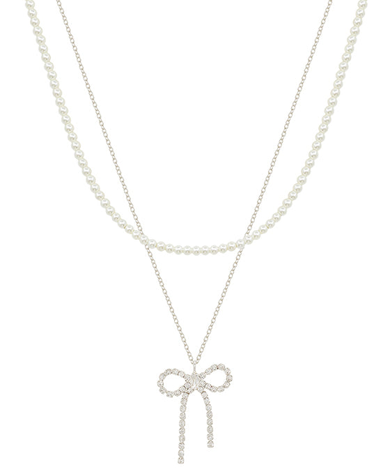 Crystal Ribbon & Pearl Layered Short Necklace