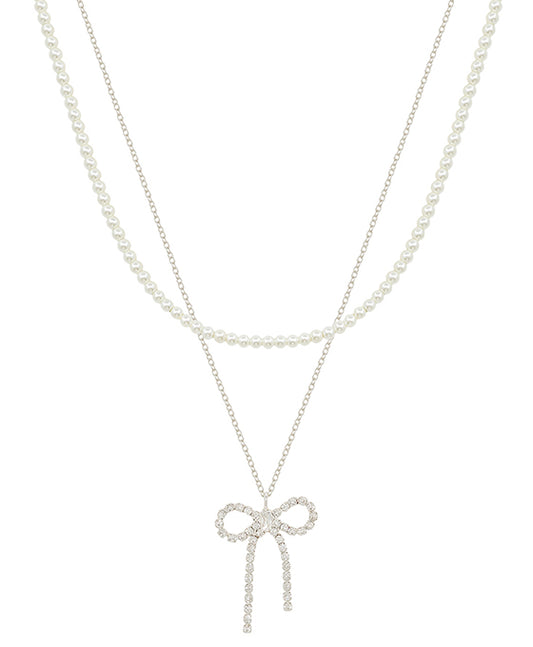 Crystal Ribbon & Pearl Layered Short Necklace