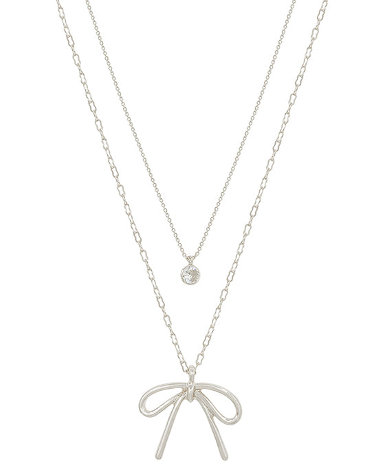 Double Layered Crystal & Metal Ribbon Short Necklace