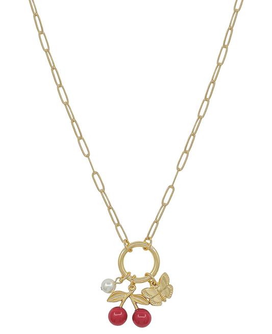 Cherry & Butterfly Charm Short Necklace
