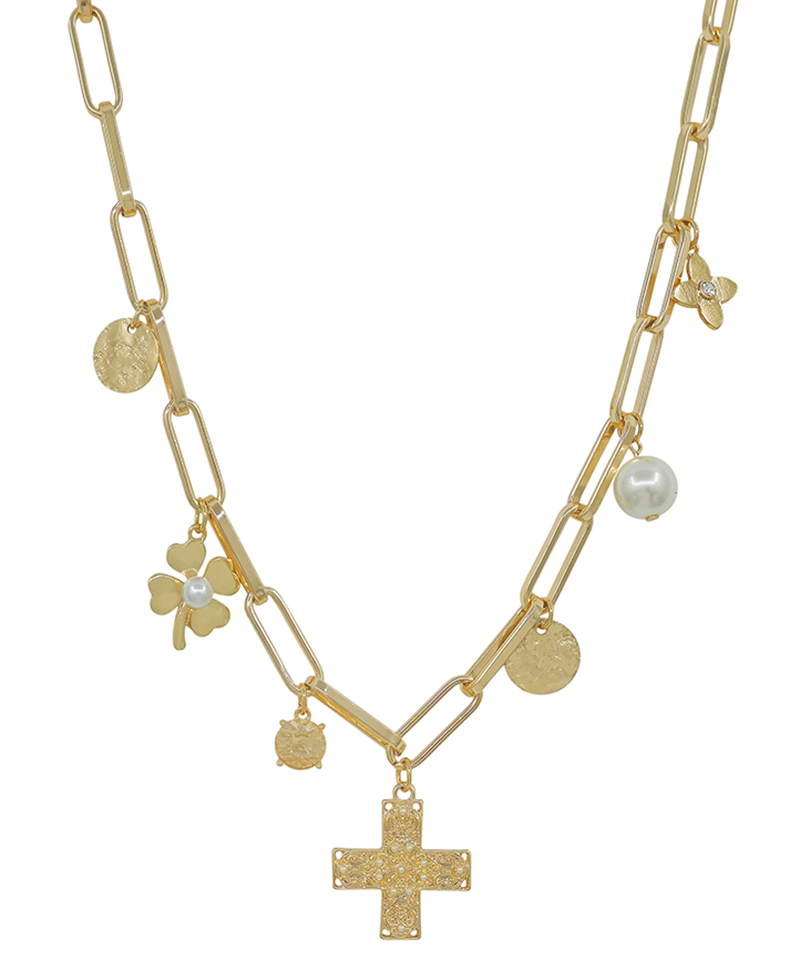 Cross w/ Multi Charm Clip Chain Short Necklace