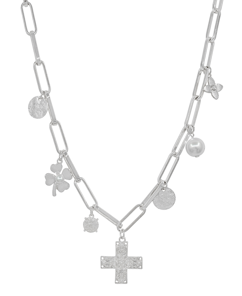 Cross w/ Multi Charm Clip Chain Short Necklace