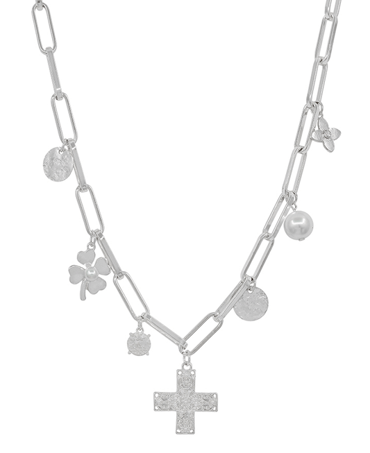 Cross w/ Multi Charm Clip Chain Short Necklace