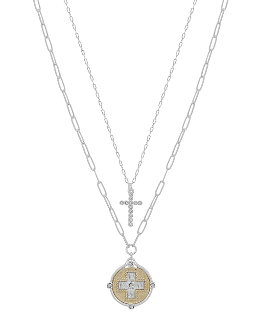 Double Layered Pave Cross & Coin Short Necklace