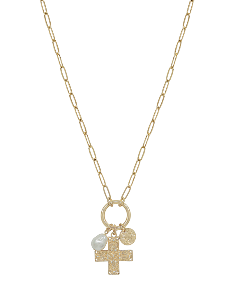 Round Metal w/ Cross & Pearl Short Necklace