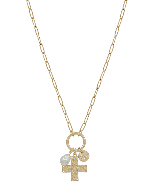 Round Metal w/ Cross & Pearl Short Necklace