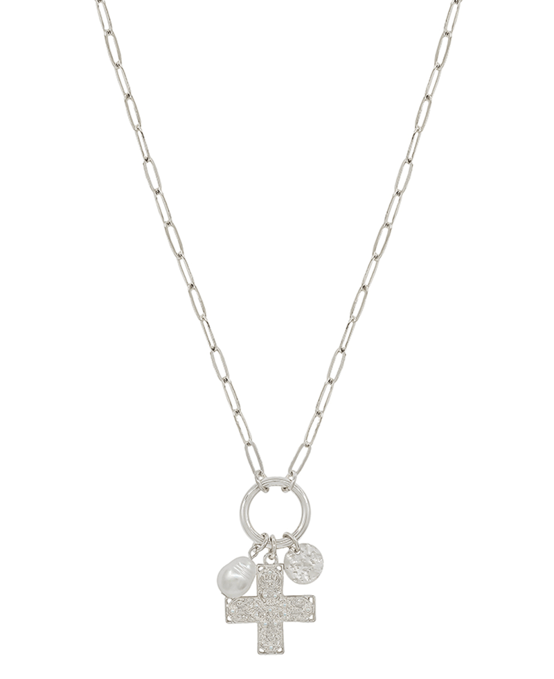 Round Metal w/ Cross & Pearl Short Necklace