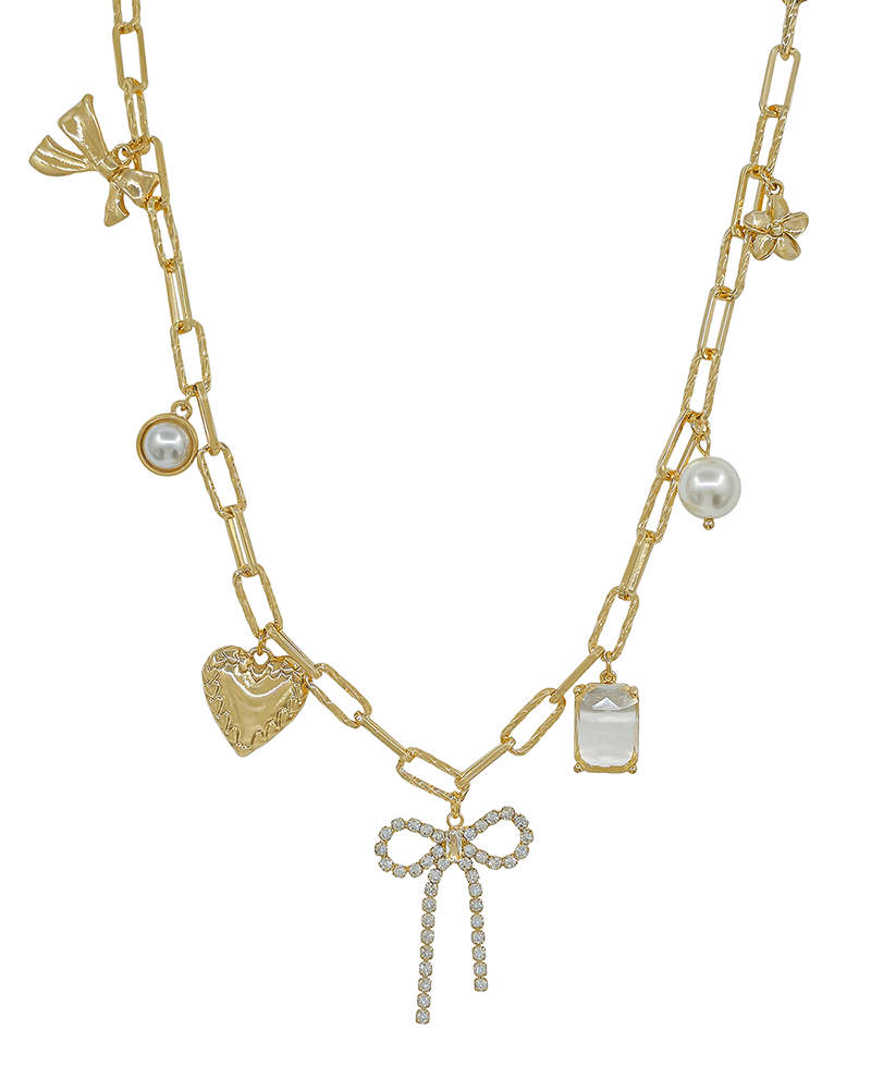 Pave Ribbon w/ Multi Charm Chain Short Necklace