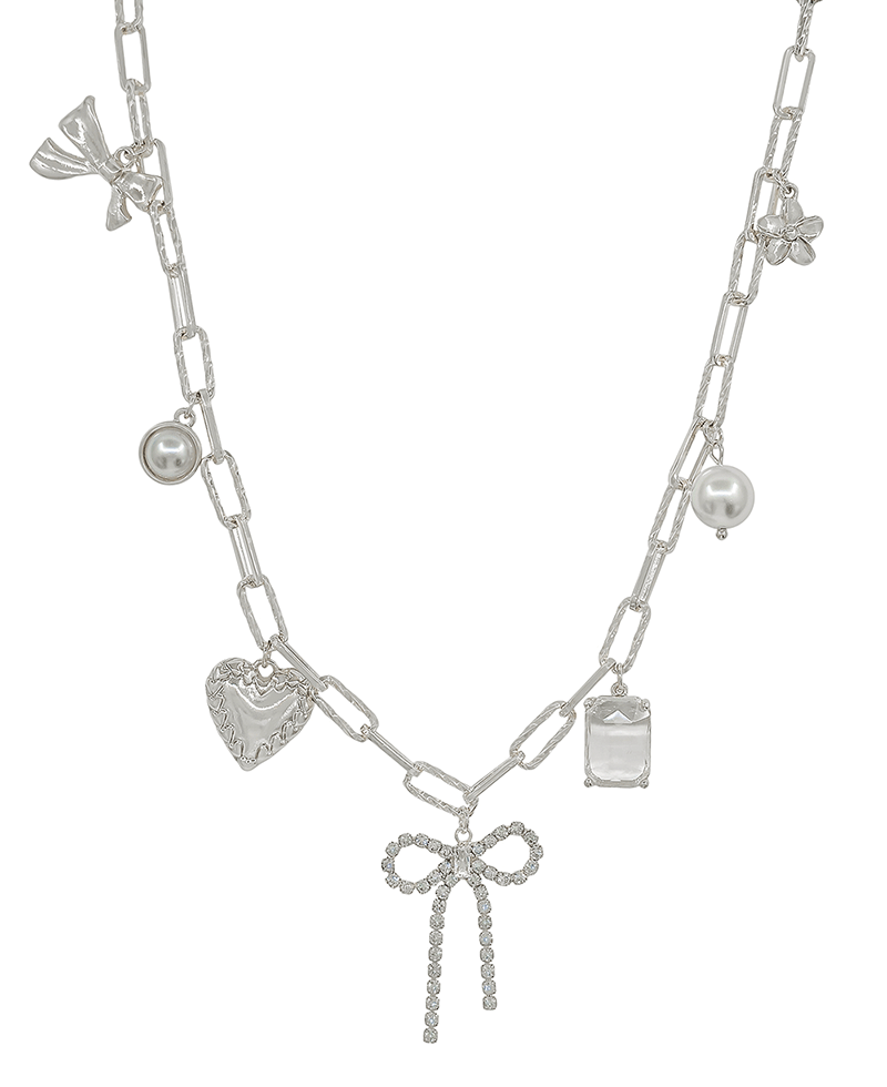 Pave Ribbon w/ Multi Charm Chain Short Necklace