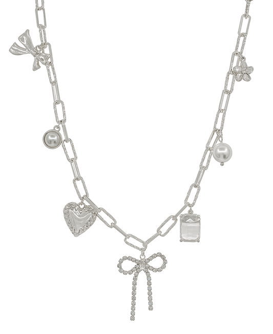 Pave Ribbon w/ Multi Charm Chain Short Necklace