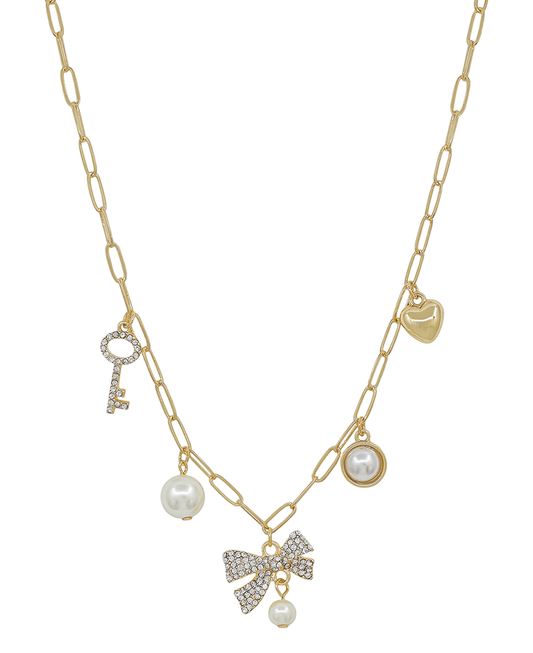 Pave Ribbon w/ Multi Charm Short Necklace