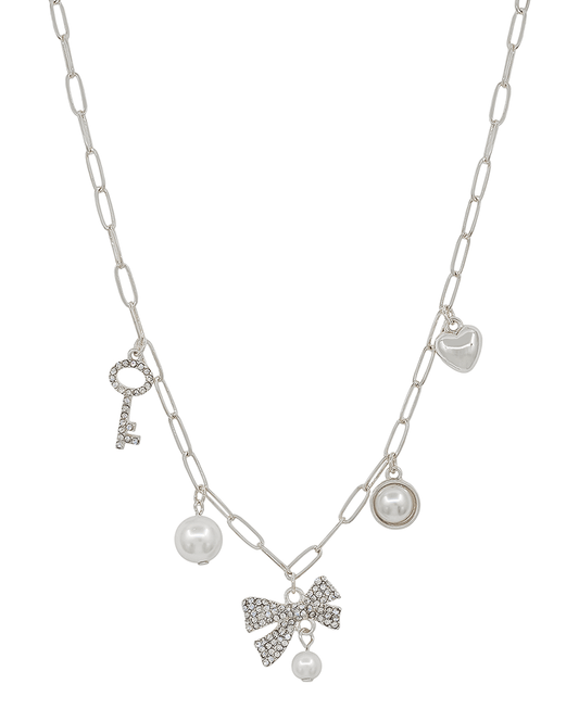 Pave Ribbon w/ Multi Charm Short Necklace