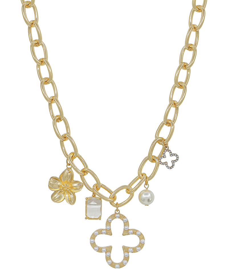Clover w/ Multi Charm Chunky Chain Short Necklace