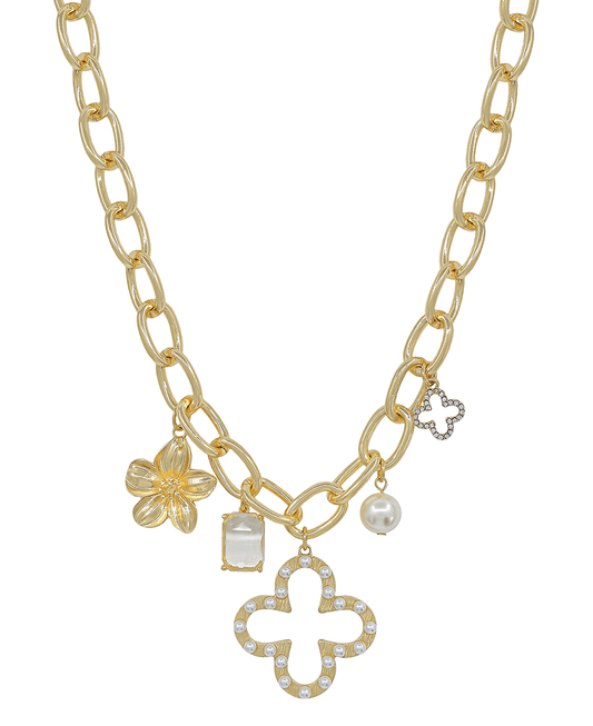 Clover w/ Multi Charm Chunky Chain Short Necklace