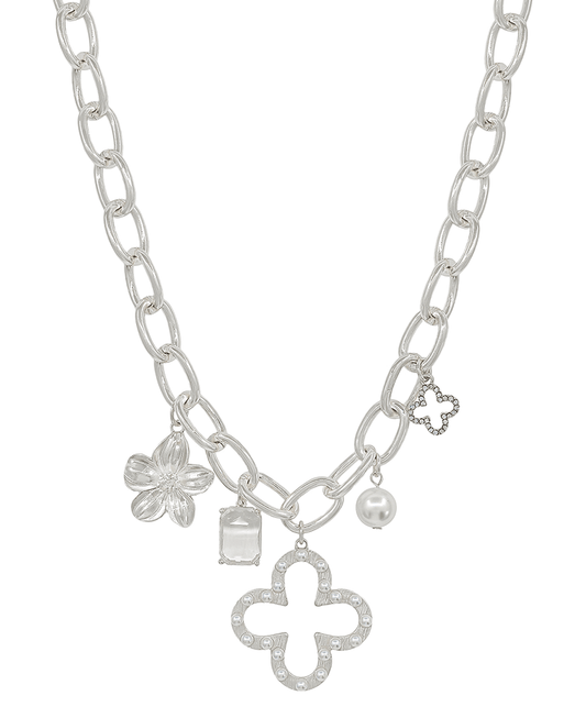 Clover w/ Multi Charm Chunky Chain Short Necklace
