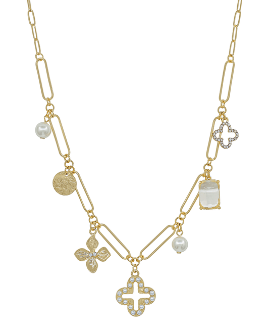 Clover w/ Multi Charm Clip Chain Short Necklace