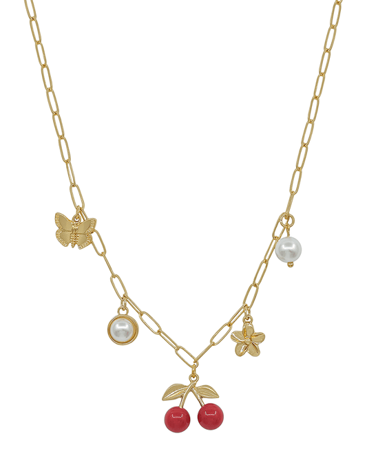 Cherry w/ Multi Charm Chain Short Necklace