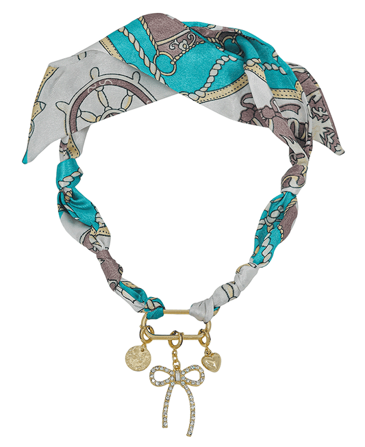 Ribbon & Oval Metal Charm Scarf Necklace