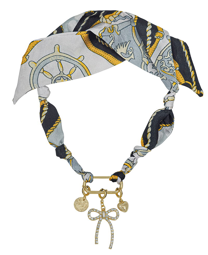 Ribbon & Oval Metal Charm Scarf Necklace