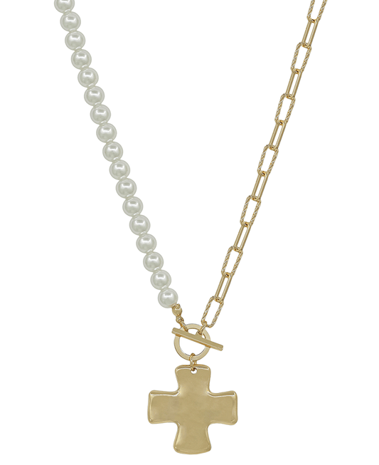 Cross 8mm Pearl & Texture Meta Chain Short Necklace
