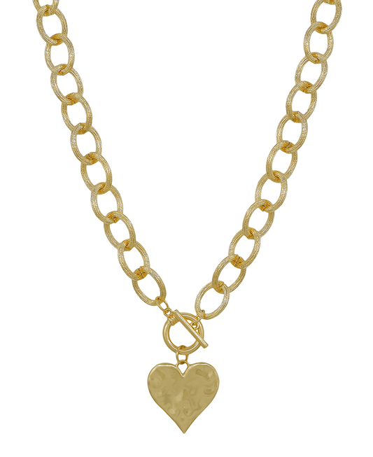 Texture Oval Chunky Chain w/ Heart Charm Necklace