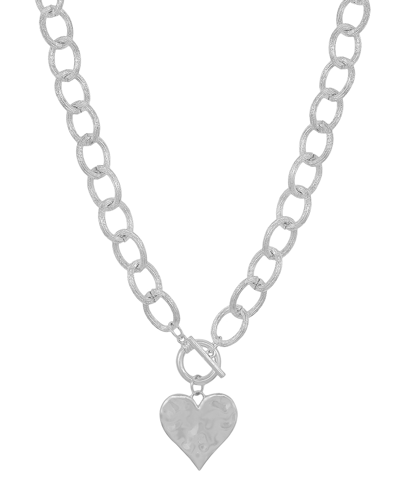 Texture Oval Chunky Chain w/ Heart Charm Necklace