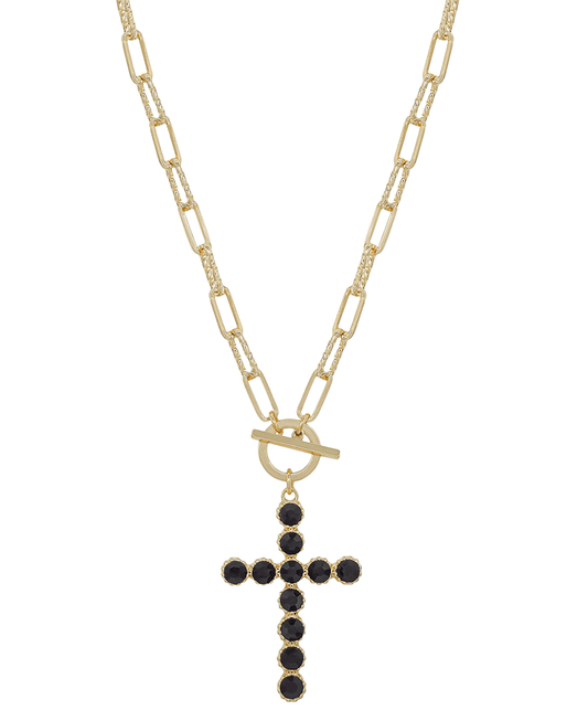 Crystal Stone Cross Texture Metal Short Necklace