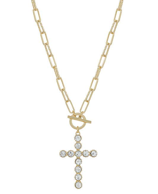 Crystal Stone Cross Texture Metal Short Necklace
