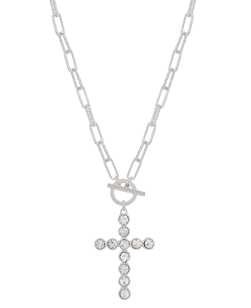 Crystal Stone Cross Texture Metal Short Necklace