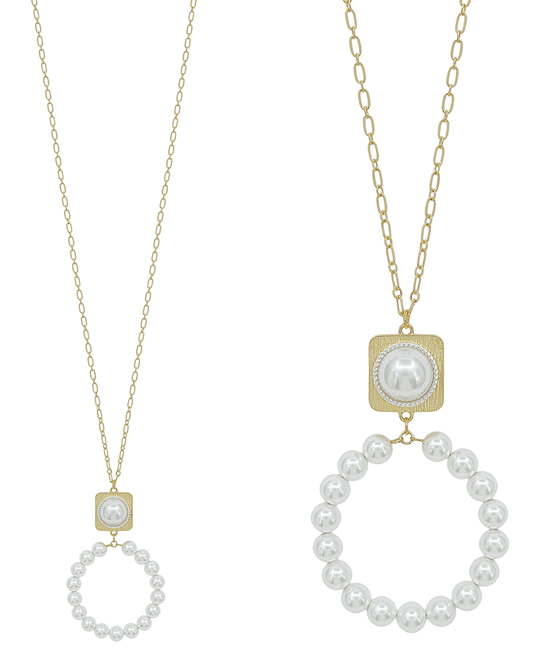 Square Texture Metal w/ Pearl & Round Necklace