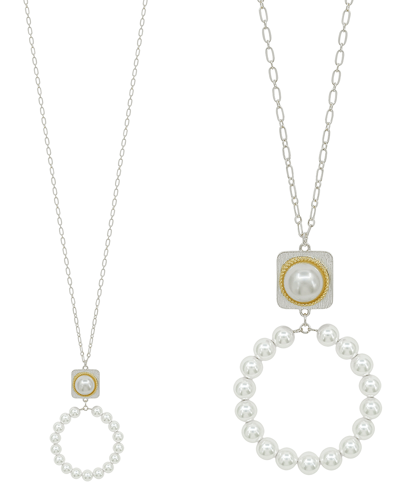 Square Texture Metal w/ Pearl & Round Necklace