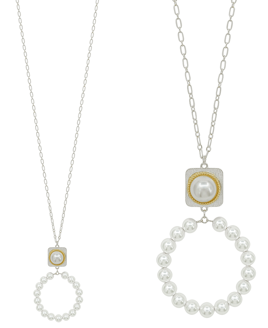 Square Texture Metal w/ Pearl & Round Necklace