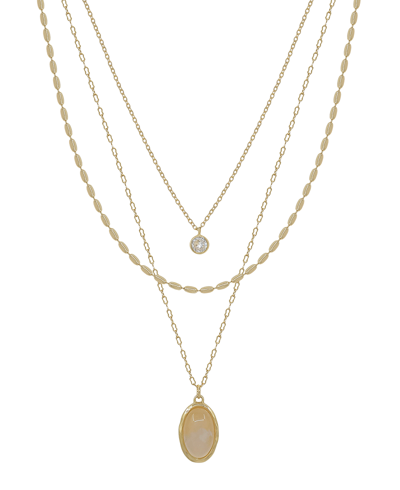 Triple Layered Oval Chain w/ Stone Pendant Short Necklace