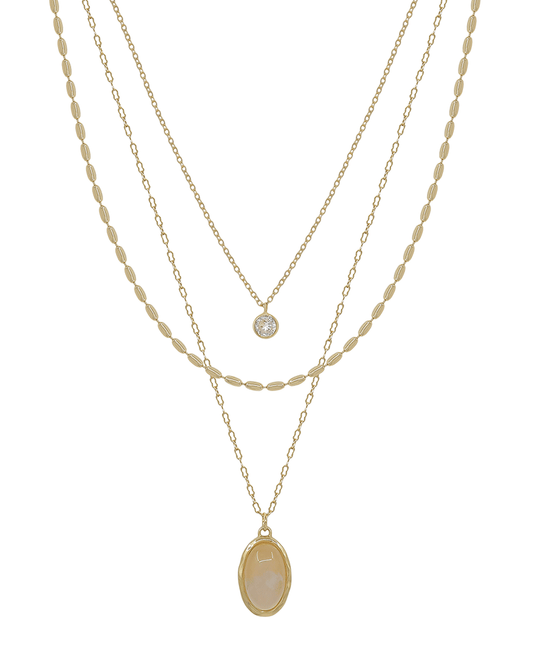 Triple Layered Oval Chain w/ Stone Pendant Short Necklace