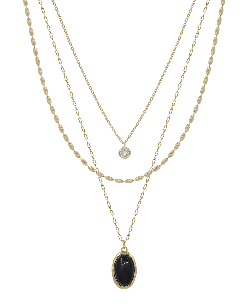 Triple Layered Oval Chain w/ Stone Pendant Short Necklace