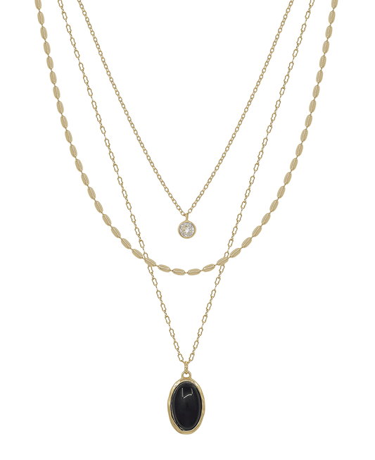 Triple Layered Oval Chain w/ Stone Pendant Short Necklace