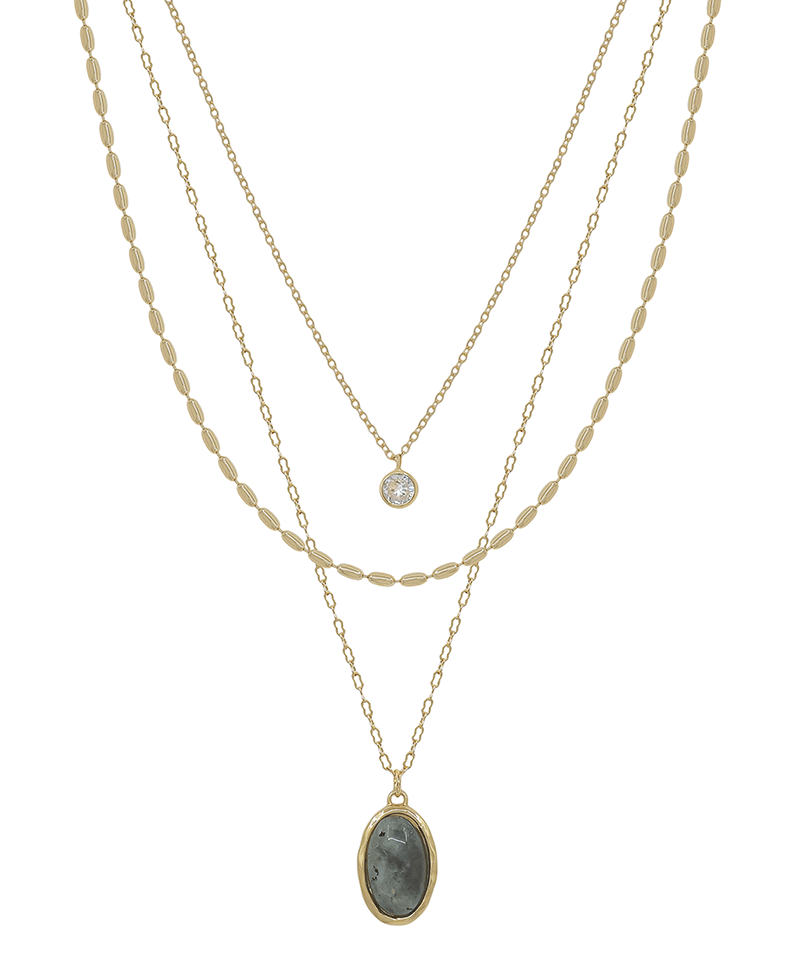 Triple Layered Oval Chain w/ Stone Pendant Short Necklace