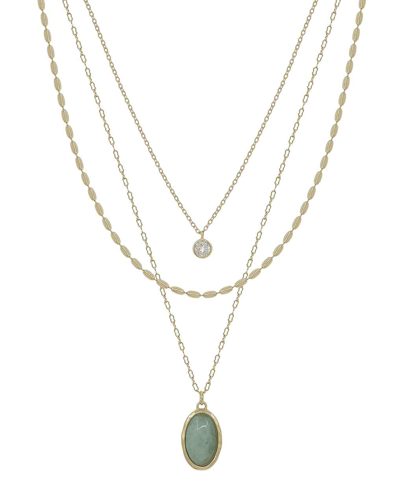 Triple Layered Oval Chain w/ Stone Pendant Short Necklace