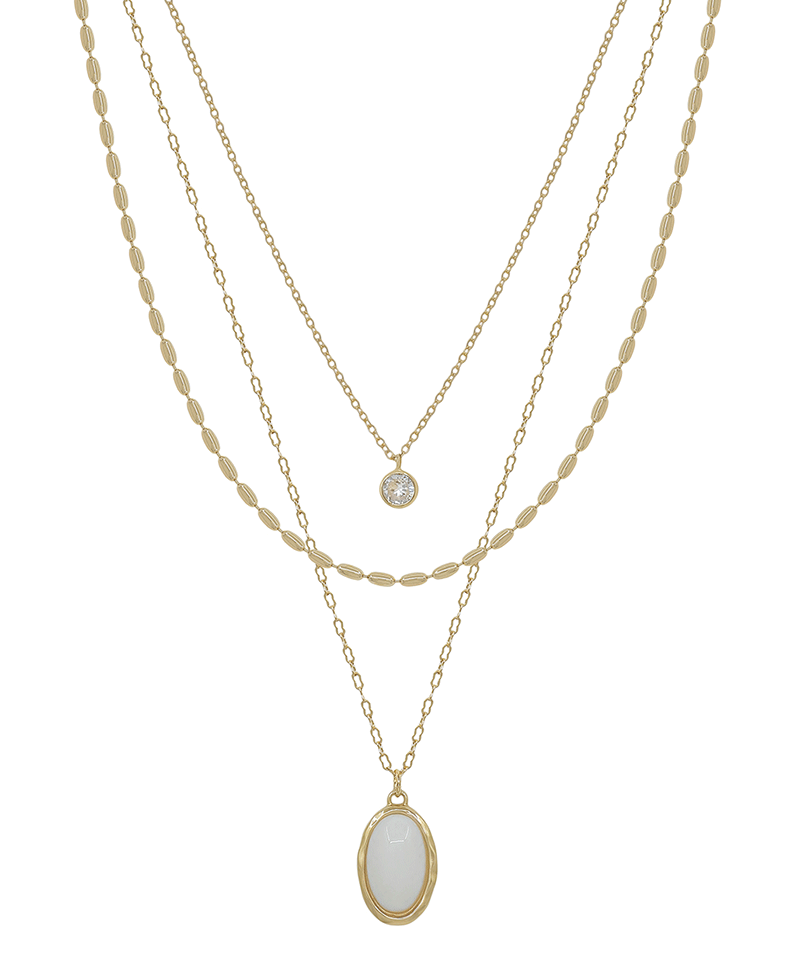 Triple Layered Oval Chain w/ Stone Pendant Short Necklace