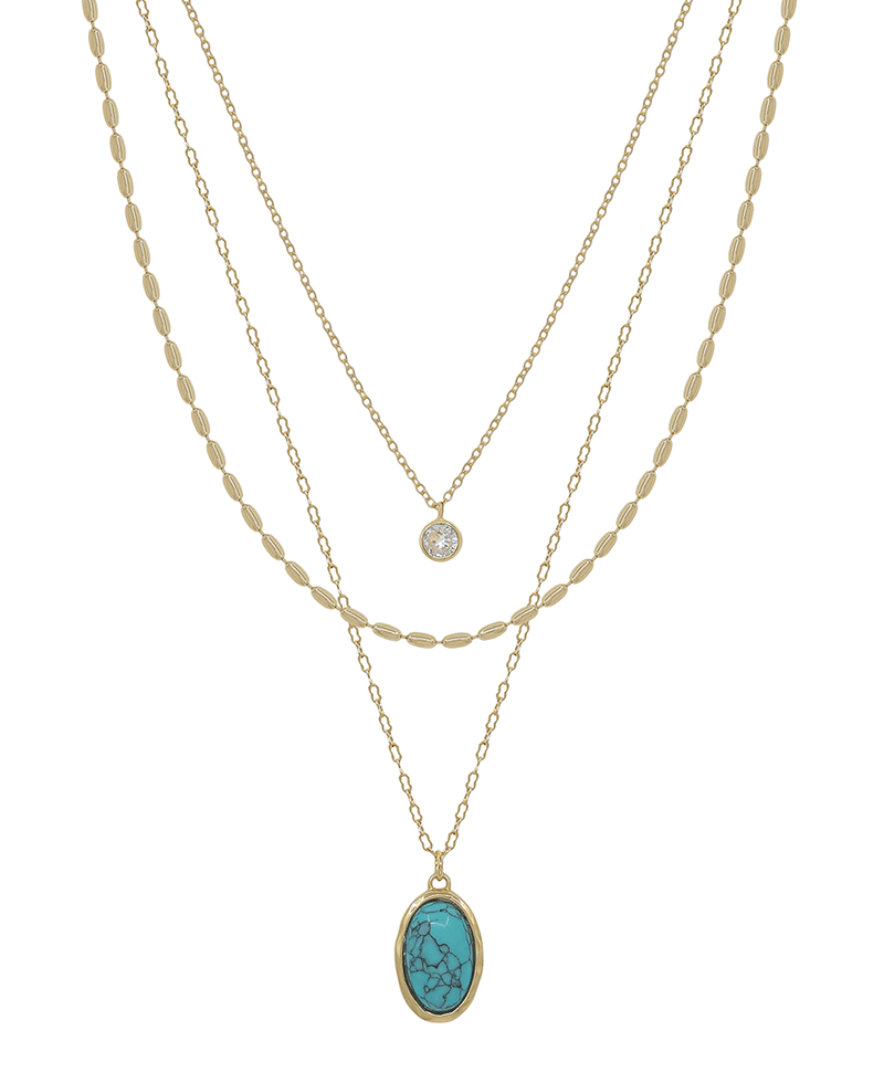 Triple Layered Oval Chain w/ Stone Pendant Short Necklace