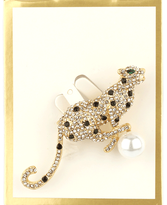 Rhinestone Cheetah w/ Pearl Brooch