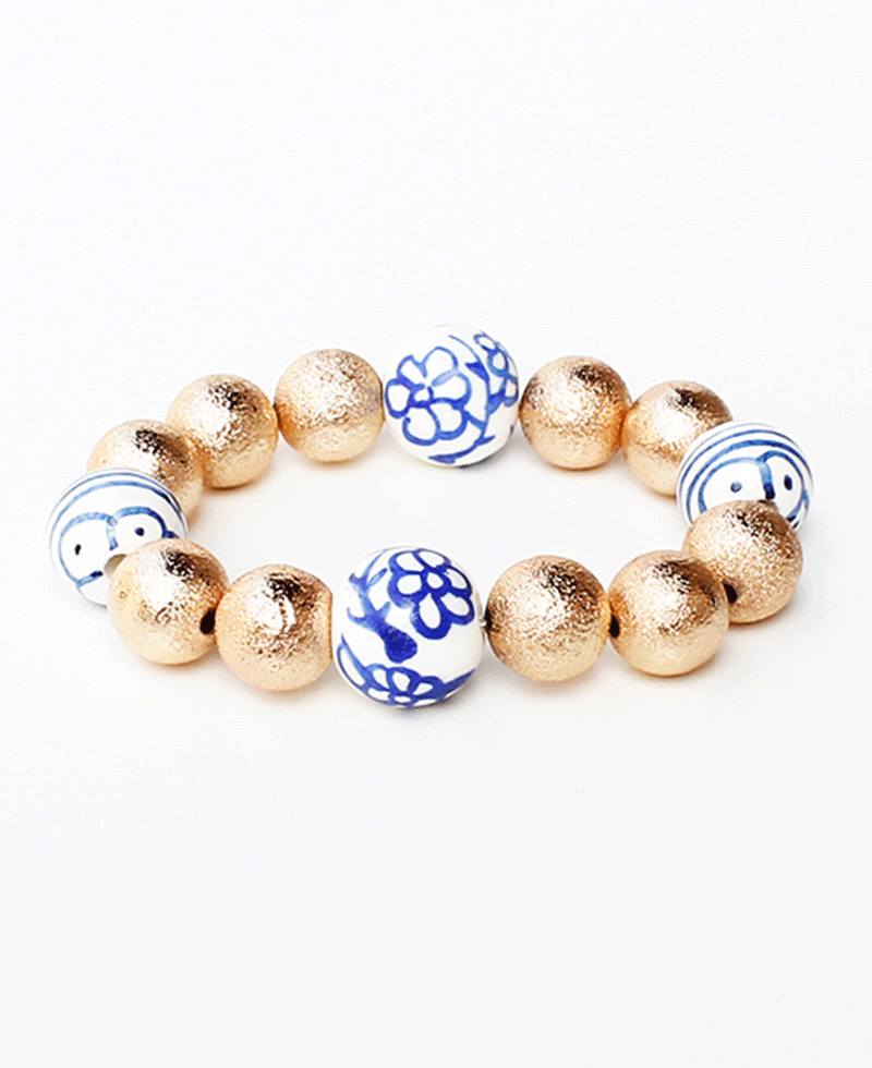 Textured Gold-tone Beads & Porcelain Stretch Bracelet