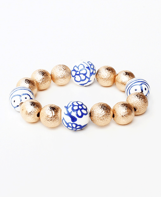 Textured Gold-tone Beads & Porcelain Stretch Bracelet