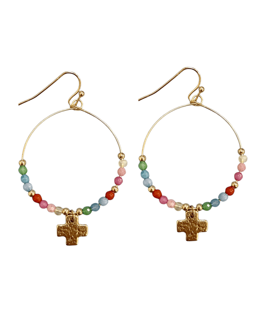 Beaded Circle w/ Small Cross Earring