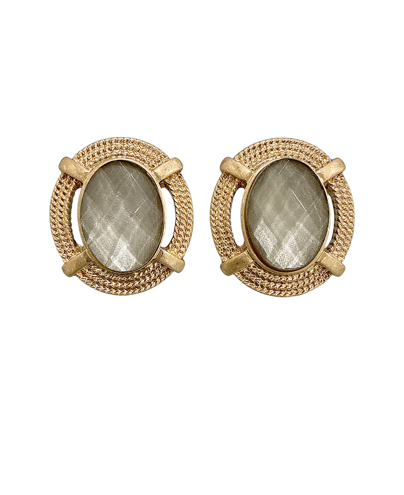 Vintage Gold Tone Textured Metal w/ Oval Stone Earring